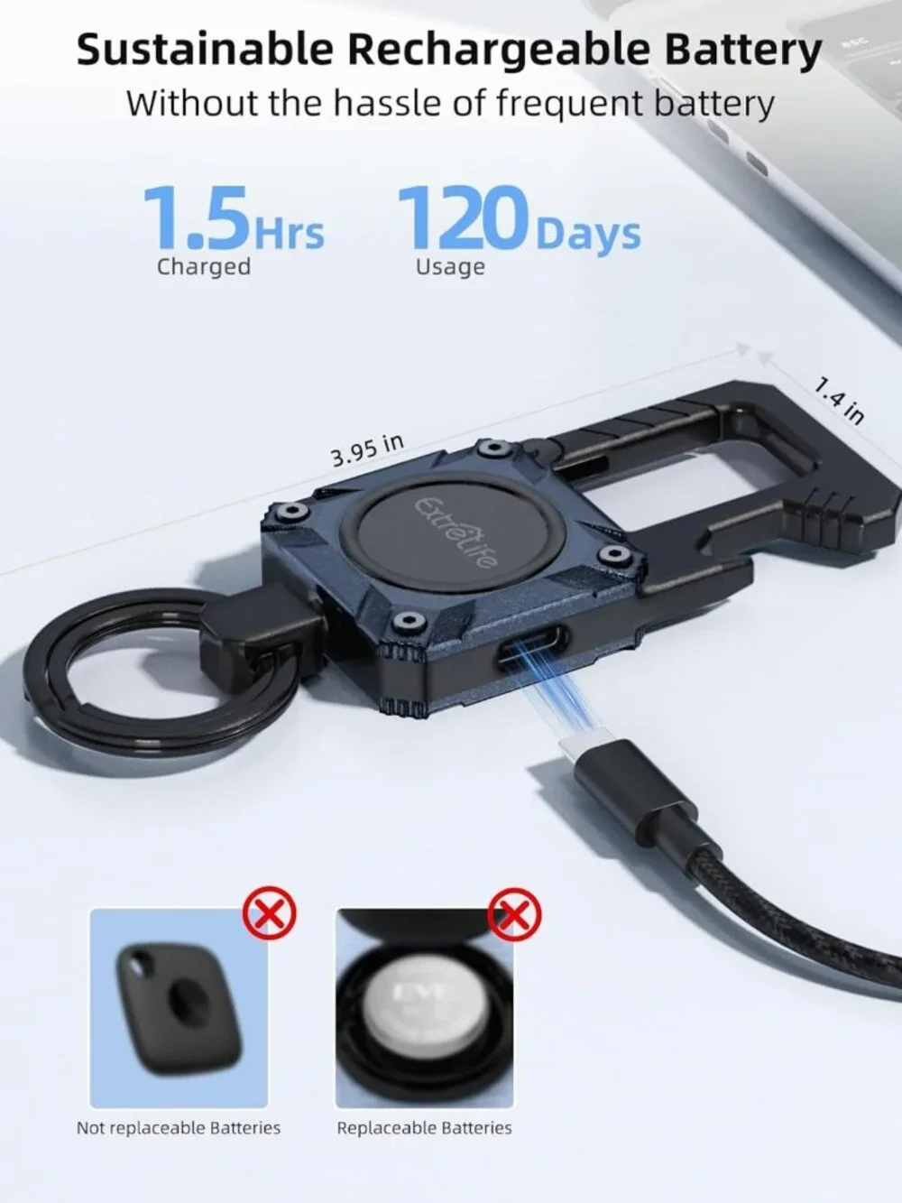 GPS Keychain with Bottle Opener & Carabiner - Works with Apple Find My